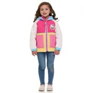 NWT Hello Kitty Quilted Hooded Jacket Pink Yellow Blue Girls Size 5T Winter Coat